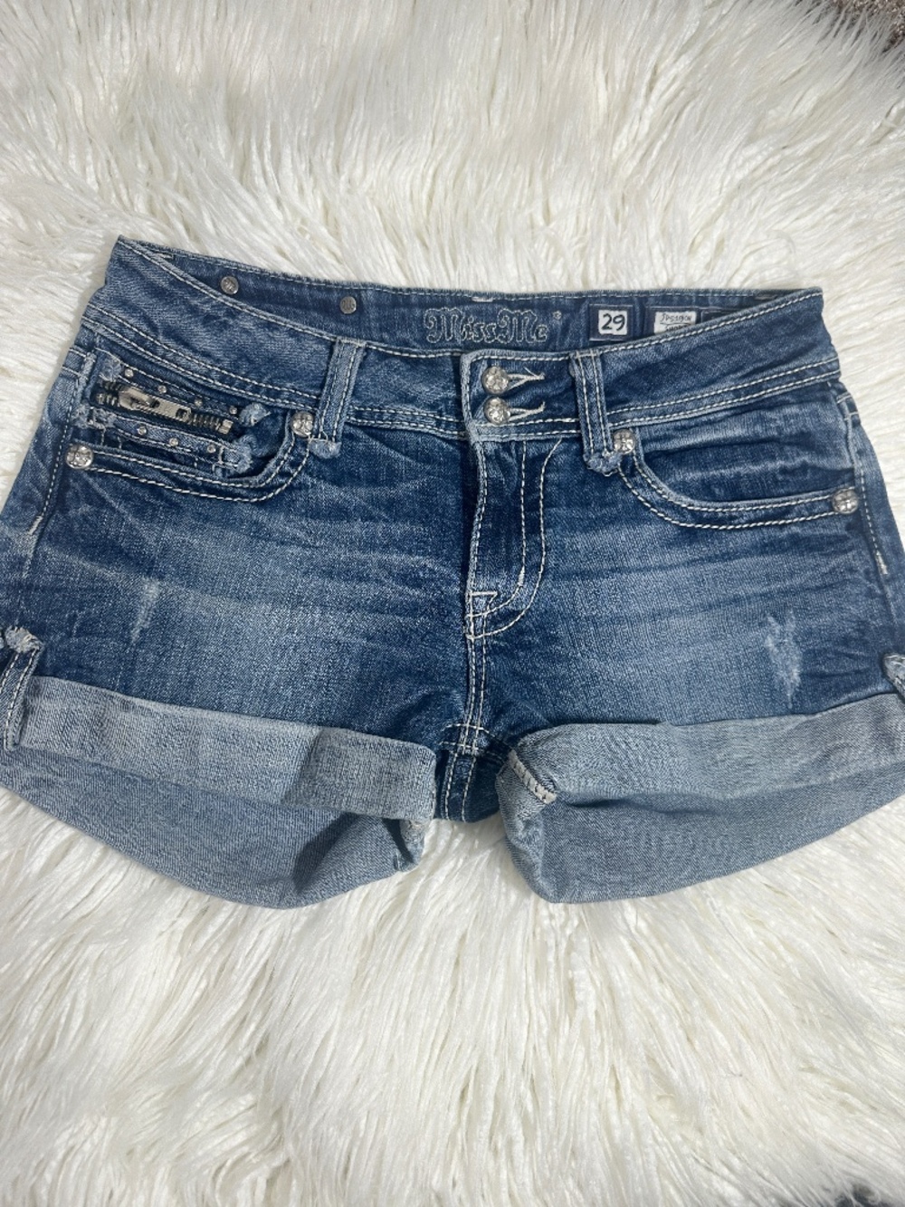 Miss Me Size 29 Rhinestone Zip Pocket Cuffed Denim Shorts